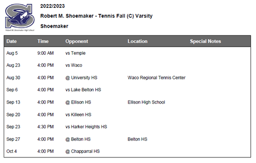 Varsity Tennis Schedule